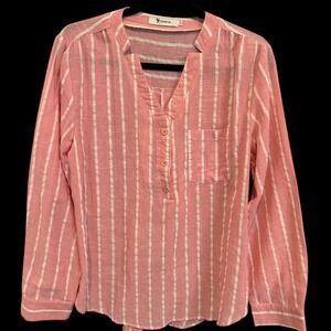 Yidarton Pink White Striped Linen Blend Split Neck Button Tunic Blouse Sz L